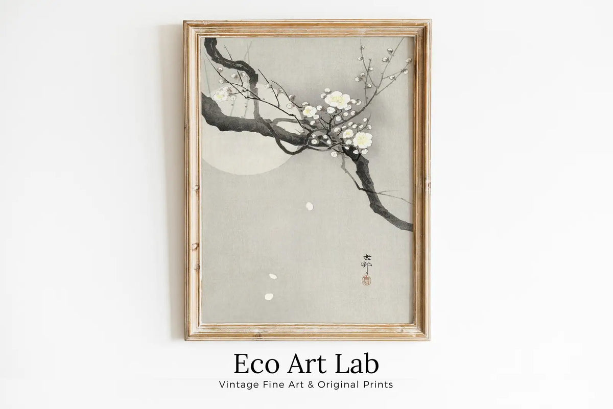 Framed view of Vintage Japanese Flower Art Plum Blossom and Full Moon Painting Printable Wall Art. Antique Japanese Art. Botanical Print Floral Wall Decor – printable wall art digital download.