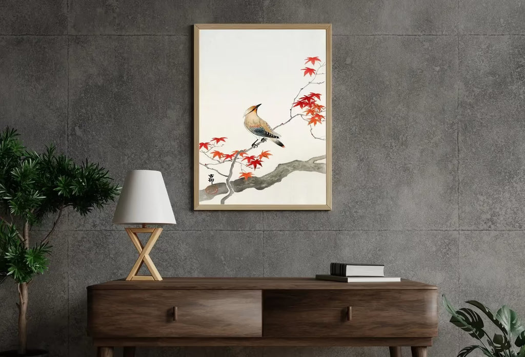 Vintage Japanese Painting. Bird on Maple Tree. Japanese Wall Art Printable Poster. 20th Century Japanese Vintage Spring Wall Art, Bird Art – Printable Wall Art