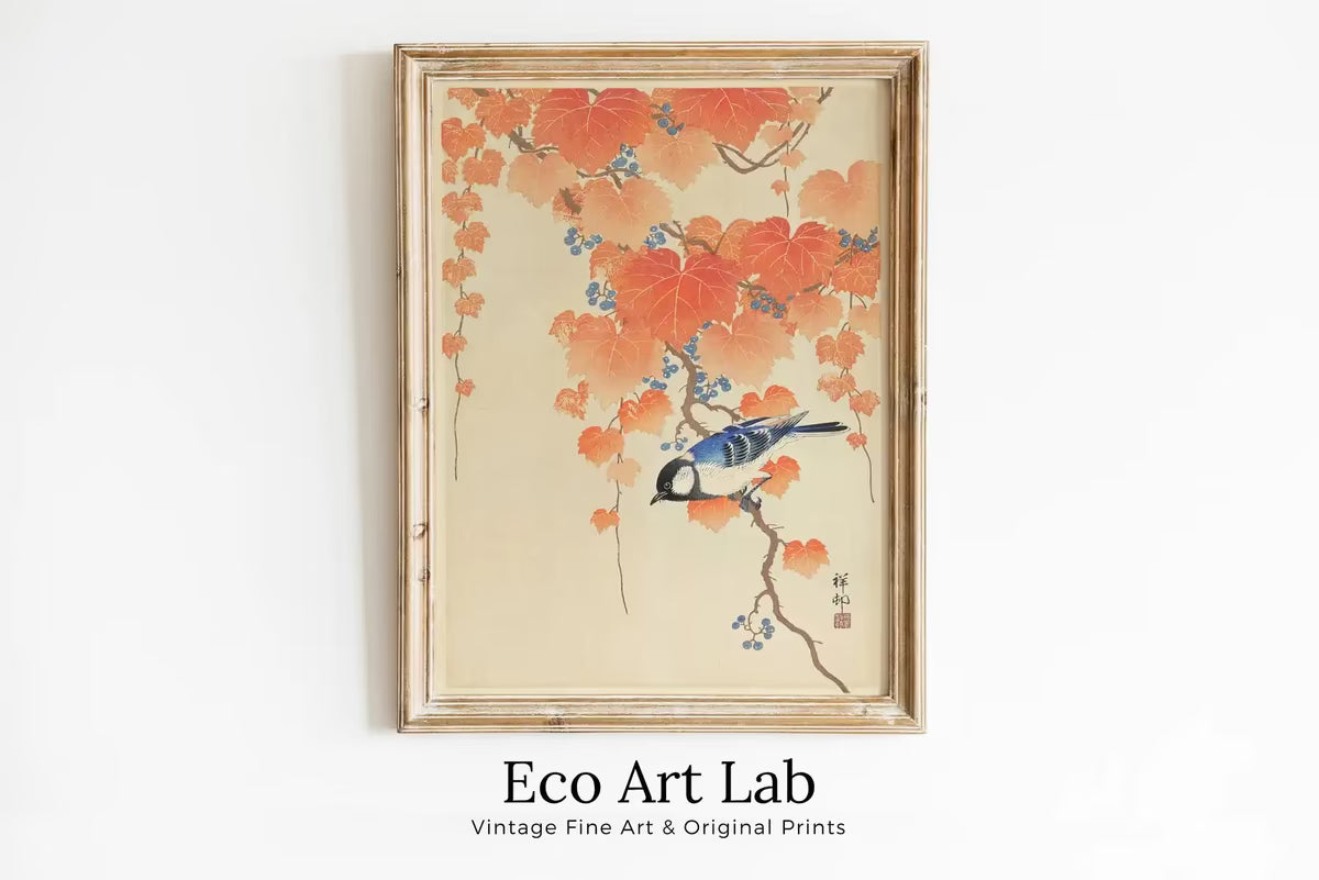 Vintage Japanese Painting. Blue Bird on Branch. Japanese Wall Art Printable Poster. 20th Century Japanese Vintage Spring Wall Art, Bird Art – Printable Wall Art