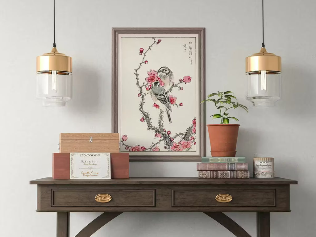 Vintage Japanese Painting. Pine Bunting and Plum Tree. Japanese Wall Art Printable Poster. 19th Century Japanese Vintage Wall Art, Bird Art – Printable Wall Art