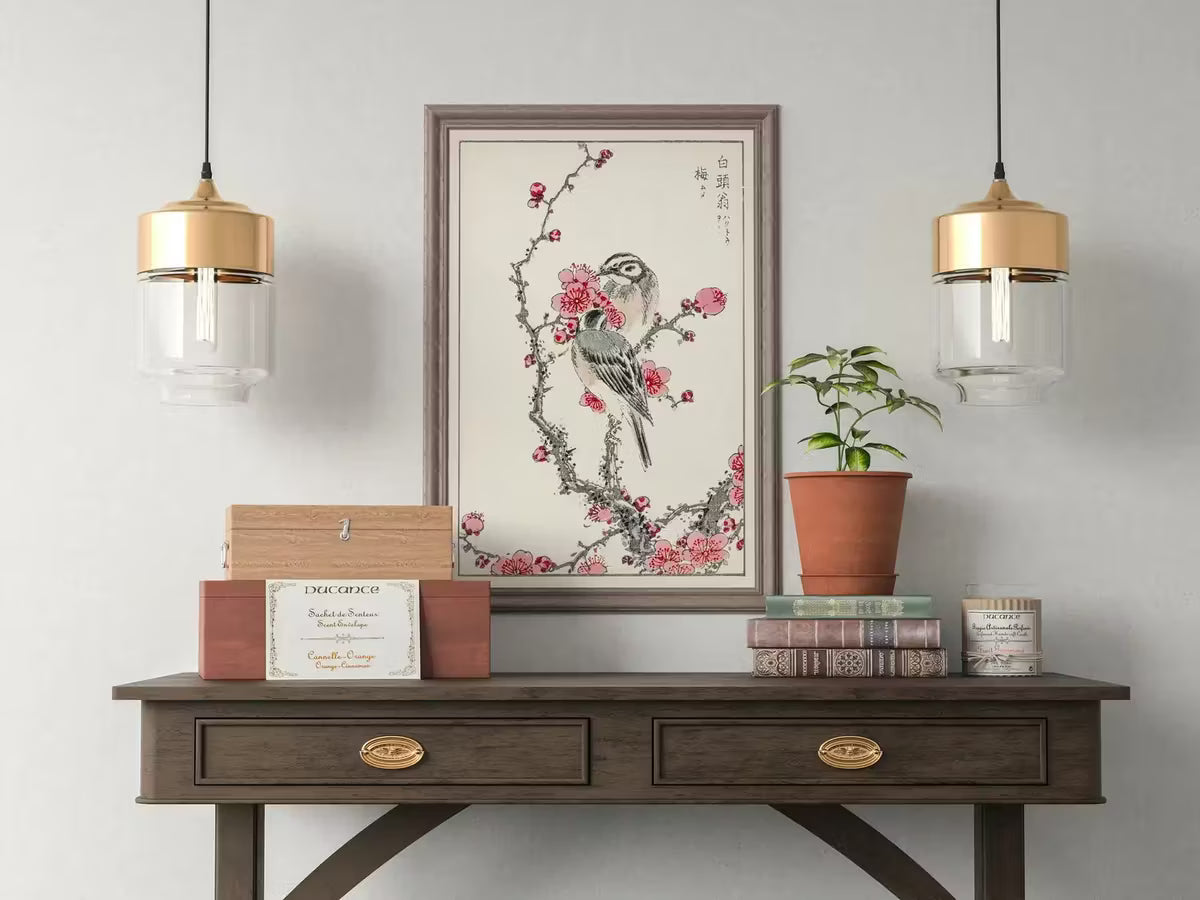 Vintage Japanese Painting. Pine Bunting and Plum Tree. Japanese Wall Art Printable Poster. 19th Century Japanese Vintage Wall Art, Bird Art – Printable Wall Art