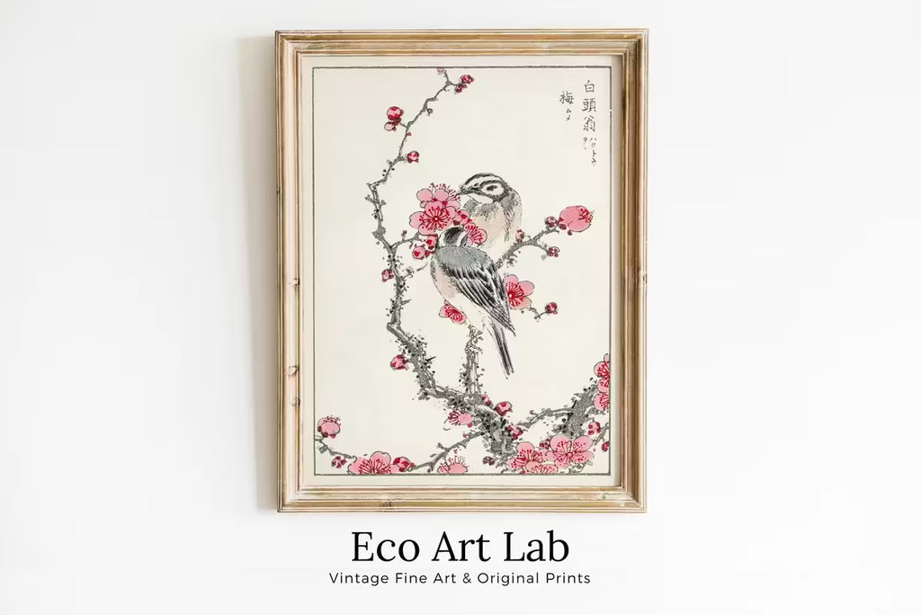 Vintage Japanese Painting. Pine Bunting and Plum Tree. Japanese Wall Art Printable Poster. 19th Century Japanese Vintage Wall Art, Bird Art – Printable Wall Art