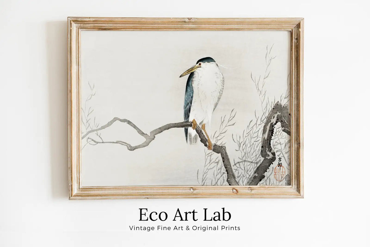 Framed view of Vintage Japanese Painting. Quack on Erratic Branch. Japanese Wall Art Printable Poster. 19th Century Japanese Vintage Wall Art, Bird Art – printable wall art digital download.