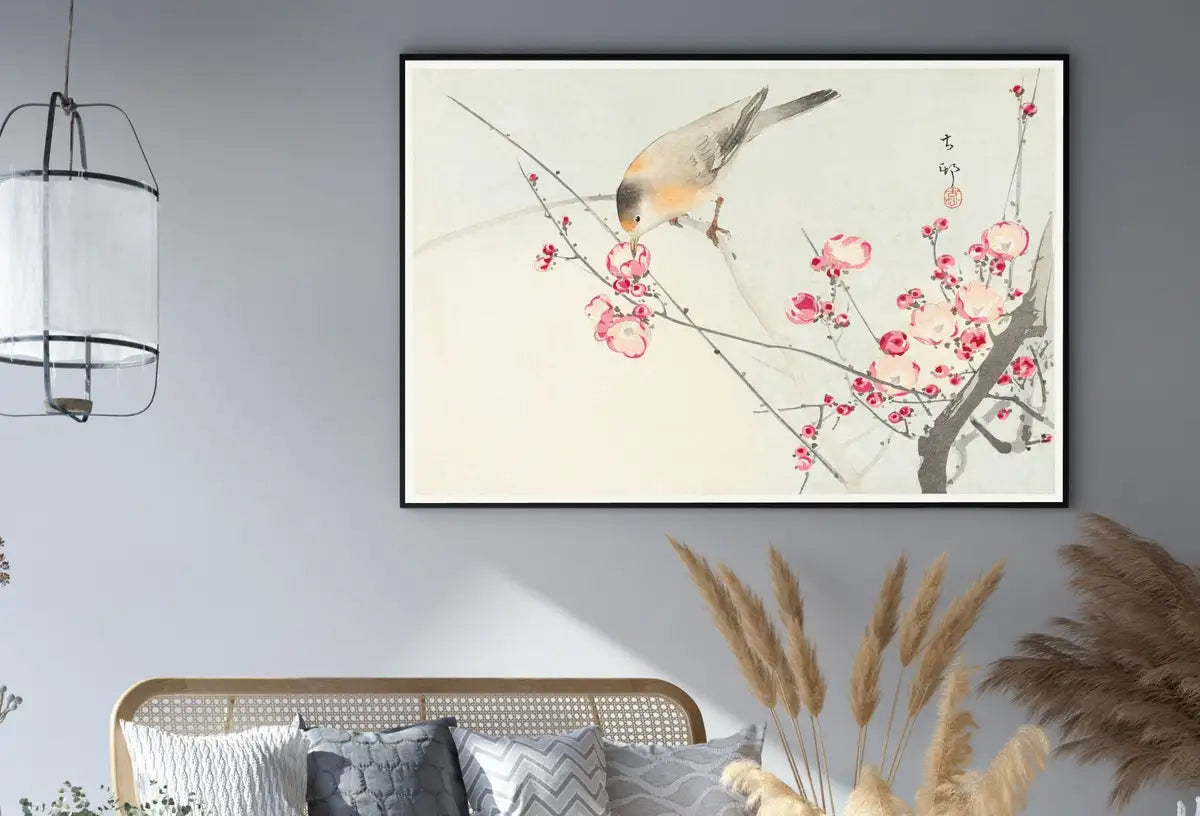 Peinture japonaise vintage. Oiseau chanteur sur une branche en fleurs. Affiche murale japonaise imprimable. Art mural vintage japonais du XXe siècle, art d’oiseau.