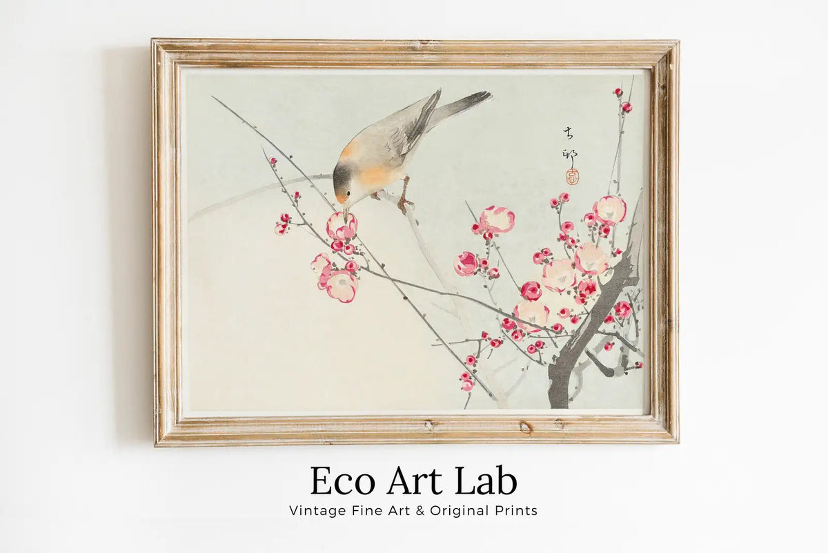 Framed view of Vintage Japanese Painting. Songbird on Blossom Branch. Japanese Wall Art Printable Poster. 20th Century Japanese Vintage Wall Art, Bird Art – printable wall art digital download.