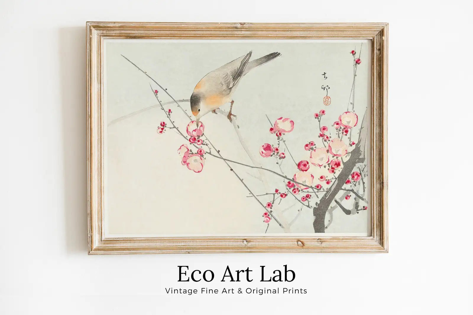 Peinture japonaise vintage. Oiseau chanteur sur une branche en fleurs. Affiche murale japonaise imprimable. Art mural vintage japonais du XXe siècle, art d’oiseau.