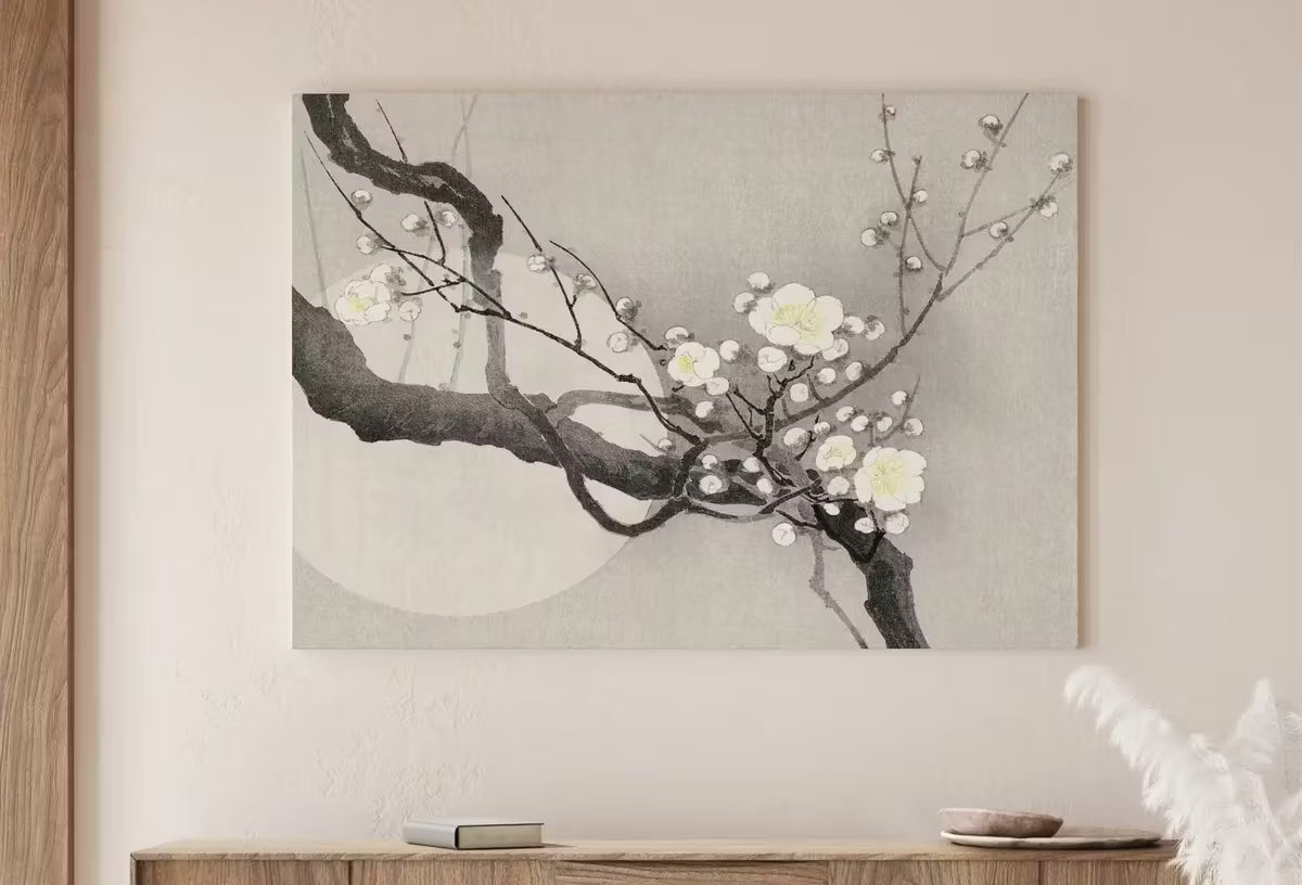 Vintage Japanese Plum Blossom Flower Art w/ Full Moon Painting. Printable Wall Art. Antique Japanese Art. Botanical Print Floral Wall Decor – Printable Wall Art