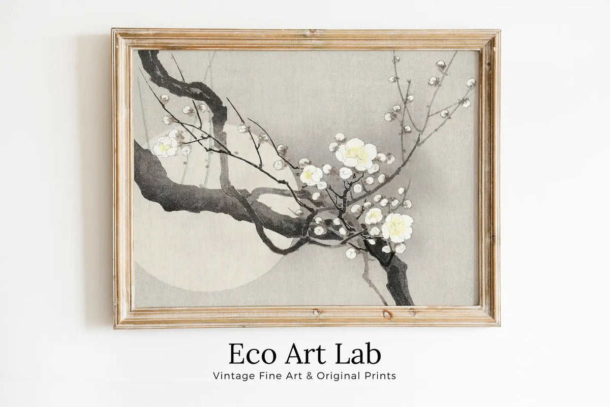 Framed view of Vintage Japanese Plum Blossom Flower Art w/ Full Moon Painting. Printable Wall Art. Antique Japanese Art. Botanical Print Floral Wall Decor – printable wall art digital download.