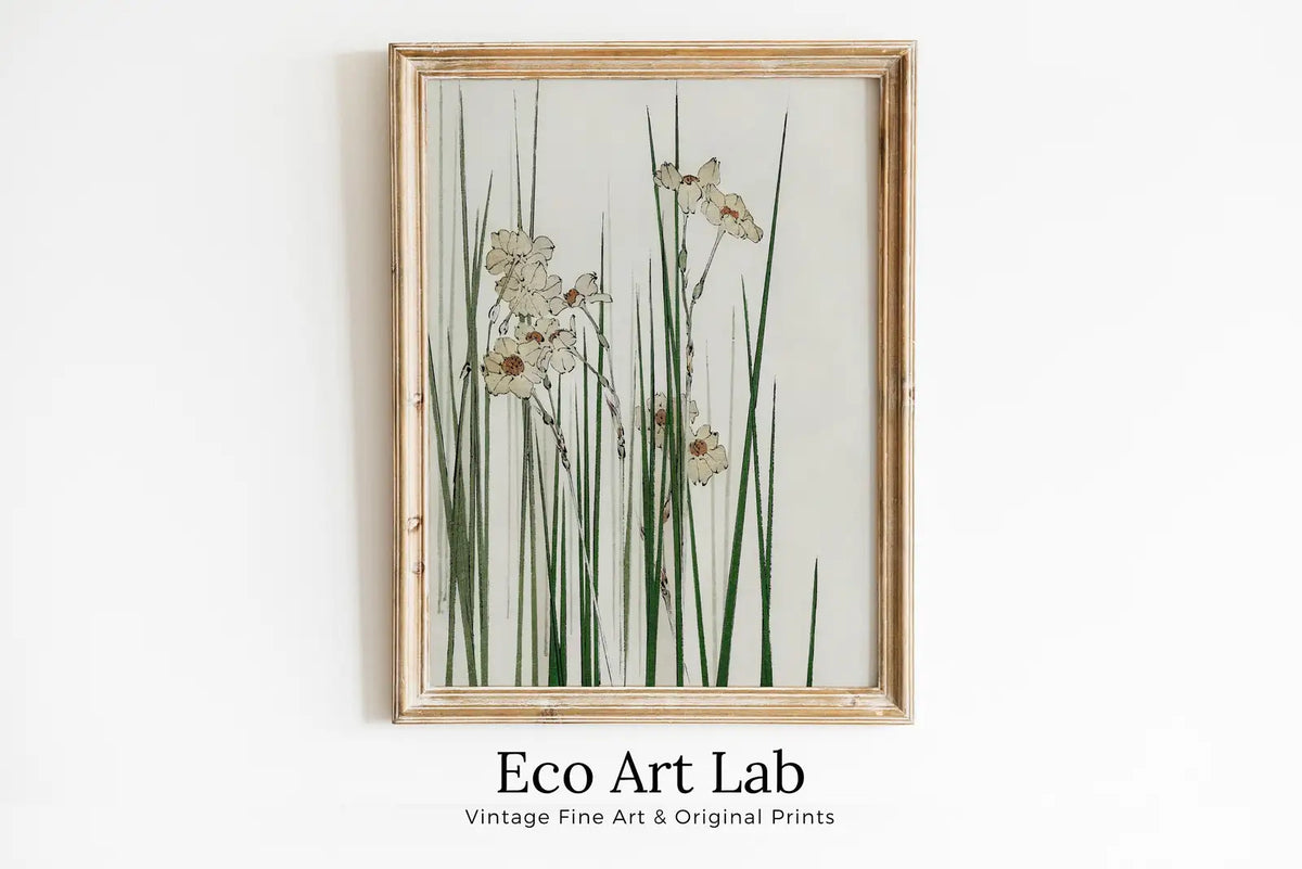 Framed view of Vintage Japanese Wall Art Jonquil Illustration Printable Poster. Digitally Enhanced 19th Century Japanese Vintage Wall Art Japanese Painting – printable wall art digital download.