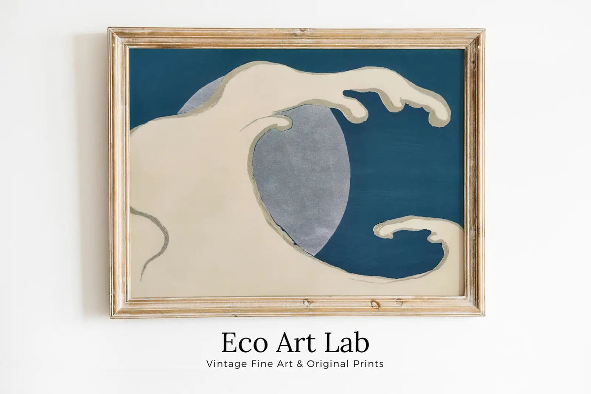 Framed view of Vintage Japanese Wave Painting with Sun Printable Wall Art. Instant Download Antique Japanese Art. Minimalist Abstract Japanese Decor – printable wall art digital download.