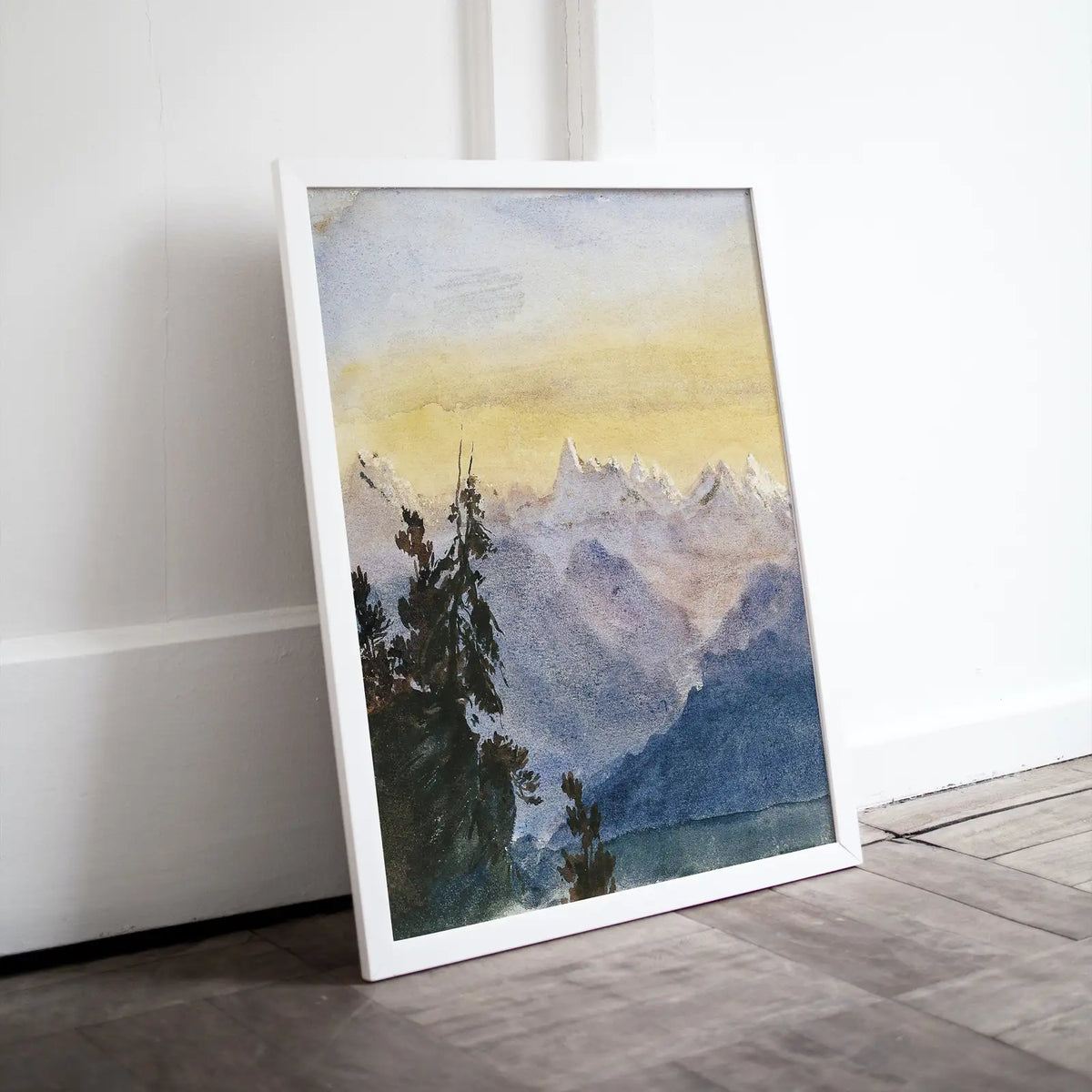 Included artwork preview showing first selection of artworks from Vintage Landscape Lake Sunrise with Mountain Watercolor Wall Art Digital Print. Abstract Printable Art Instant Download watercolor landscape.