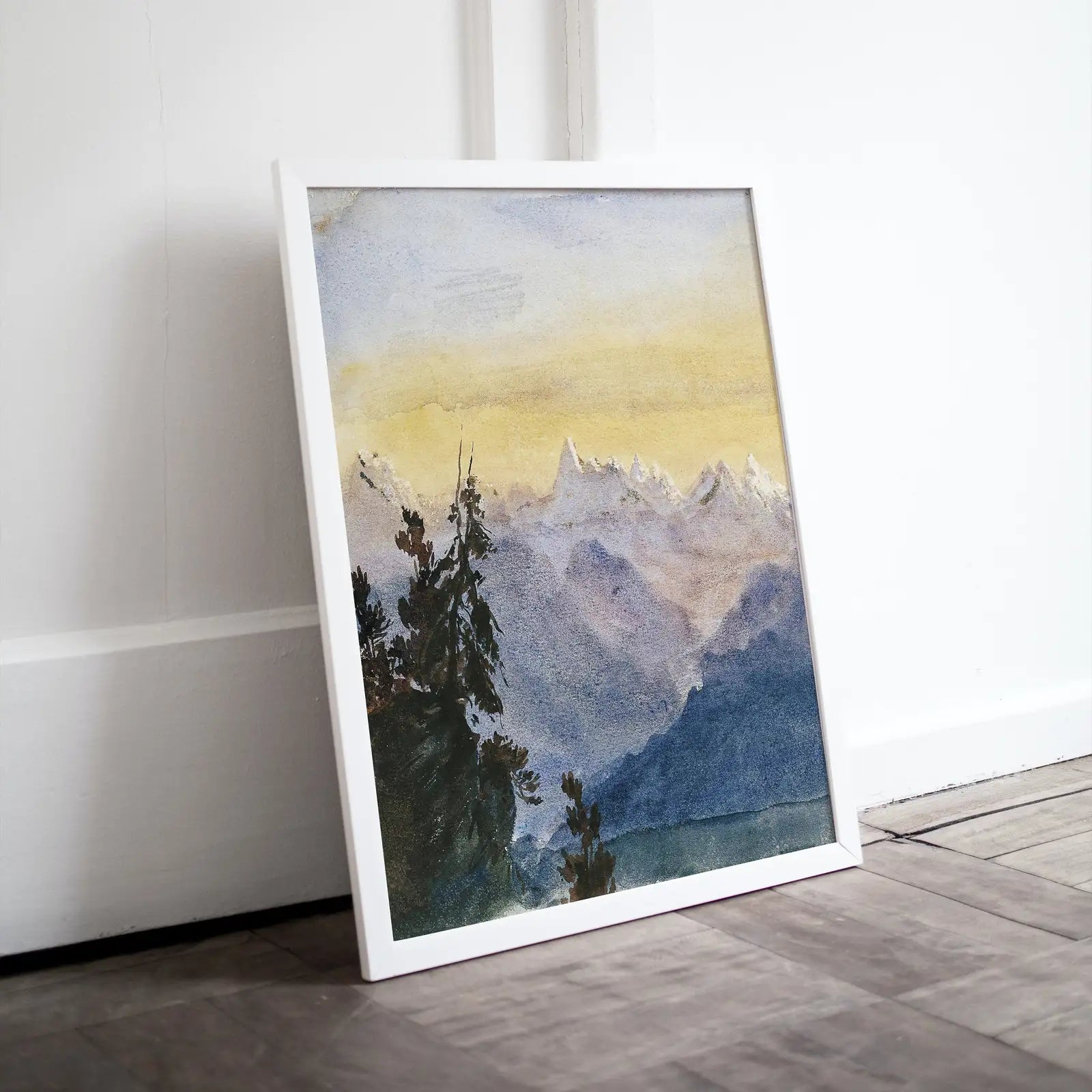 Paysage de lac au lever du soleil avec montagne, art mural aquarelle, art numérique. Art abstrait téléchargeable instantanément, paysage aquarelle