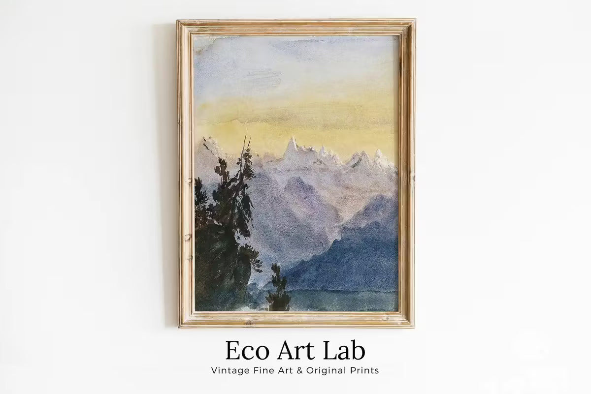 Vintage Landscape Lake Sunrise with Mountain Watercolor Wall Art Digital Print. Abstract Printable Art Instant Download watercolor landscape – Printable Wall Art