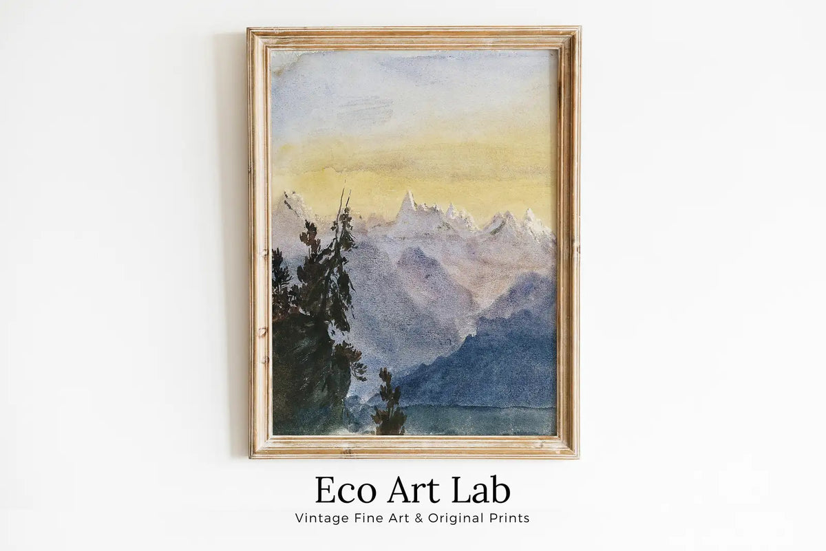 Framed view of Vintage Landscape Lake Sunrise with Mountain Watercolor Wall Art Digital Print. Abstract Printable Art Instant Download watercolor landscape – printable wall art digital download.