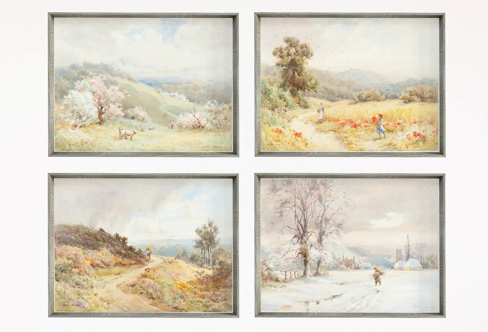 Included artwork preview showing first selection of artworks from Vintage Landscape Paintings Set of 4 Prints. Seasons Gallery Wall Set. Country Soft Colors Watercolor Paintings. Farmhouse Country Art Print.