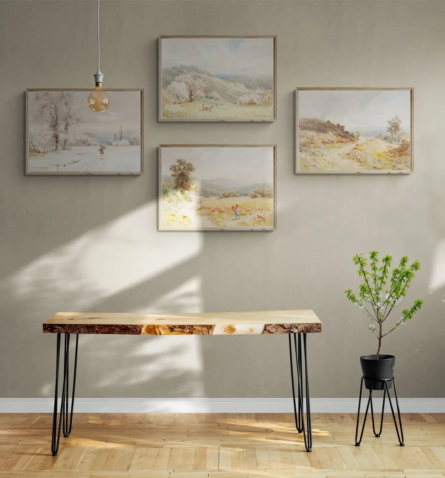Framed view of Vintage Landscape Paintings Set of 4 Prints. Seasons Gallery Wall Set. Country Soft Colors Watercolor Paintings. Farmhouse Country Art Print – printable wall art digital download.