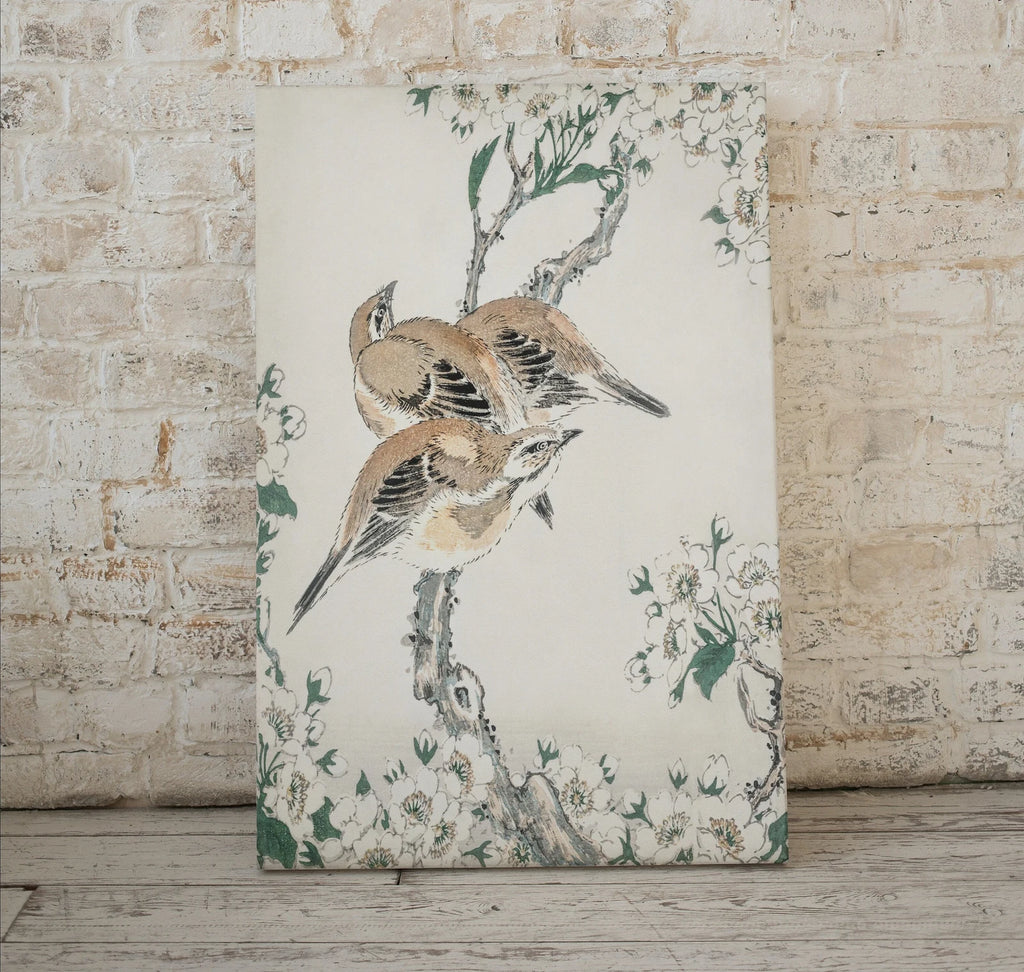 Detail view of artwork from Vintage Meadow Bunting and Pear Flower Japanese Painting. Japanese Wall Art Printable Poster. 19th Century Japanese Birds Vintage Wall Art. (variation 1)