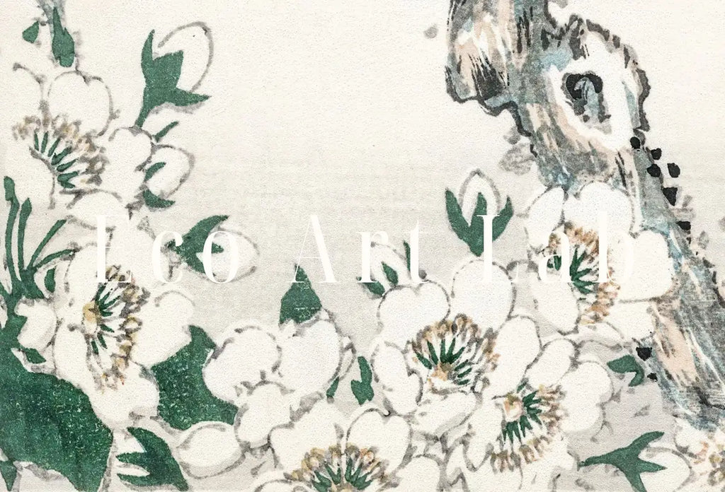 Detail view of artwork from Vintage Meadow Bunting and Pear Flower Japanese Painting. Japanese Wall Art Printable Poster. 19th Century Japanese Birds Vintage Wall Art. (variation 2)