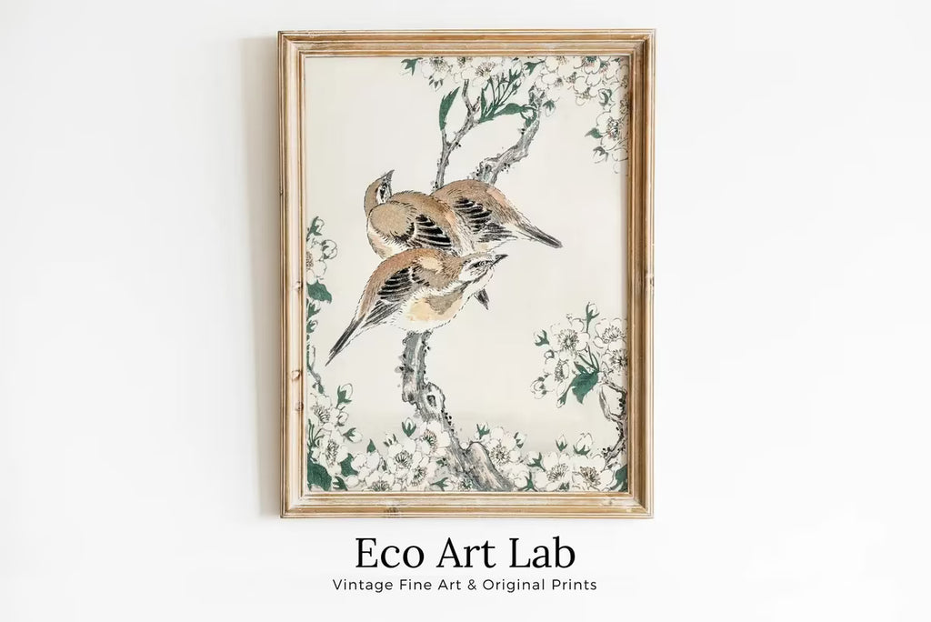 Vintage Meadow Bunting and Pear Flower Japanese Painting. Japanese Wall Art Printable Poster. 19th Century Japanese Birds Vintage Wall Art – Printable Wall Art