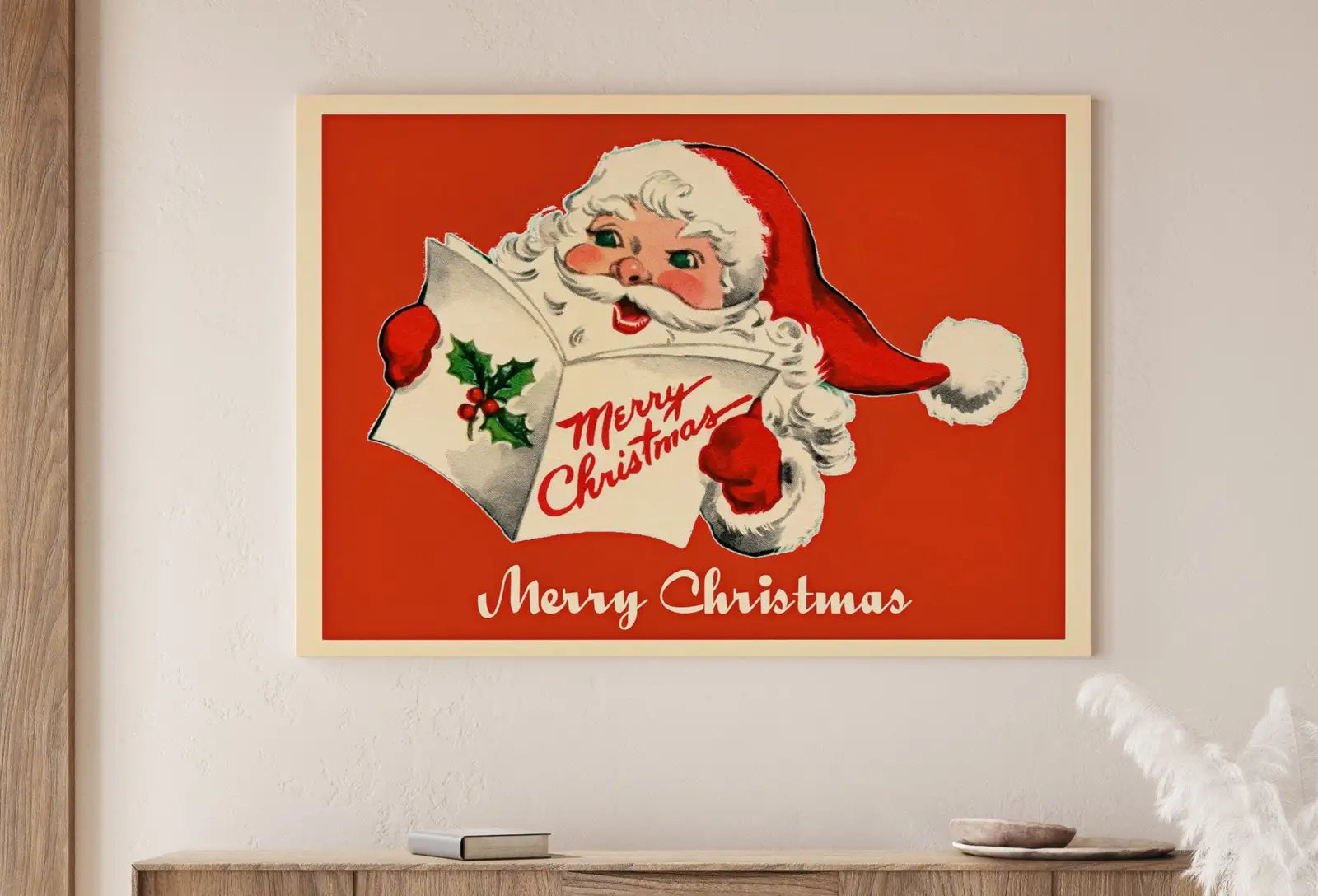 Carte de Noël vintage avec illustration du Père Noël : Une impression rétro pour célébrer les fêtes. Téléchargez cette œuvre d’art de Noël.