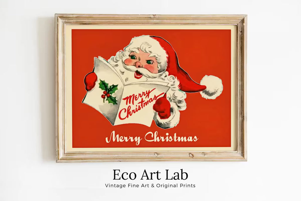 Vintage Merry Christmas Card Santa Claus Illustration. Retro Christmas Print. Printable Wall Art. Instant Download Christmas Art Print – Printable Wall Art