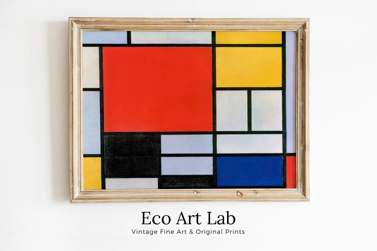 Framed view of Vintage Minimalist Colorful Abstract Painting. Printable Wall Art. Instant Download Piet Geometric Art. Bauhaus Abstract Aesthetic Wall Art – printable wall art digital download.