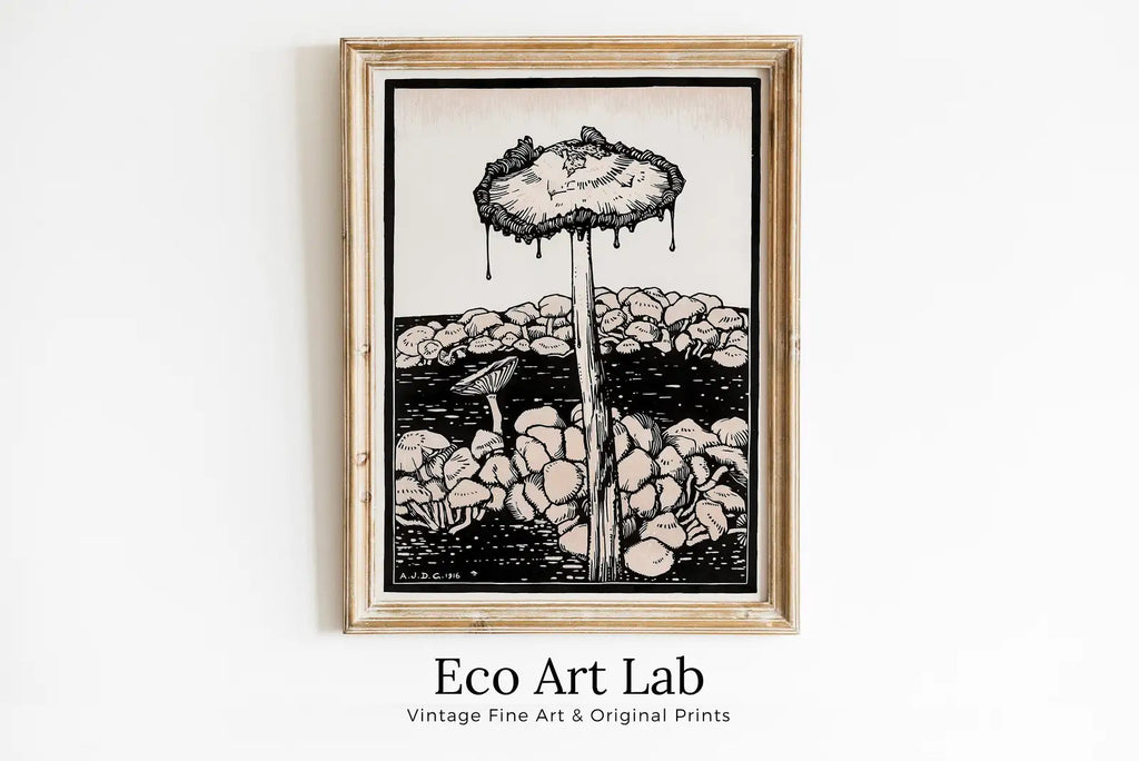 Framed view of Vintage Mushroom Painting. Art Nouveau Print Wall Art. Instant Download Printable Art. Mushroom Art Print Retro Trippy Painting Poster – printable wall art digital download.