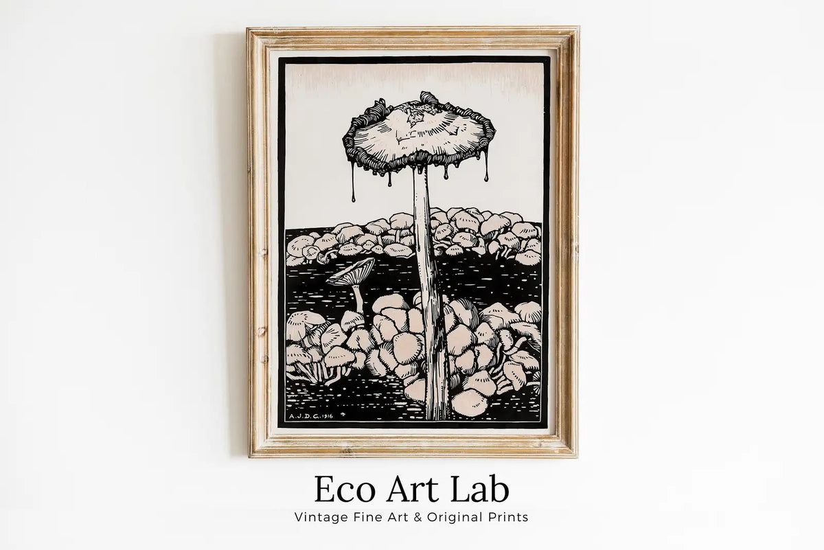 Framed view of Vintage Mushroom Painting. Art Nouveau Print Wall Art. Instant Download Printable Art. Mushroom Art Print Retro Trippy Painting Poster – printable wall art digital download.