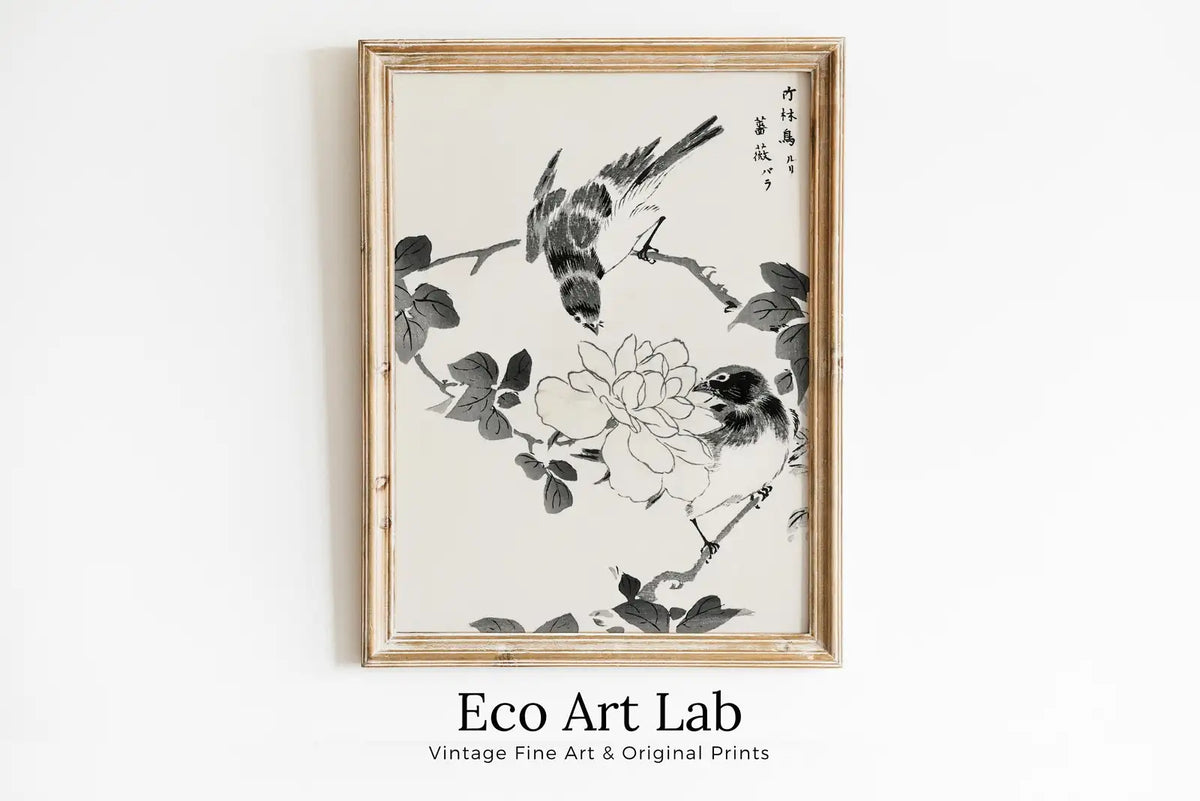 Framed view of Vintage Robin Birds and Rose Japanese Painting. Japanese Wall Art Printable Poster. 19th Century Japanese Vintage Wall Art, Bird Asian Art – printable wall art digital download.