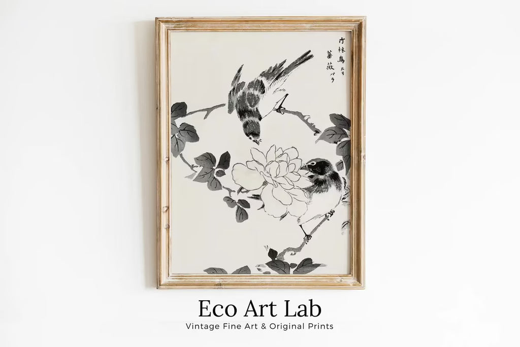 Vintage Robin Birds and Rose Japanese Painting. Japanese Wall Art Printable Poster. 19th Century Japanese Vintage Wall Art, Bird Asian Art – Printable Wall Art