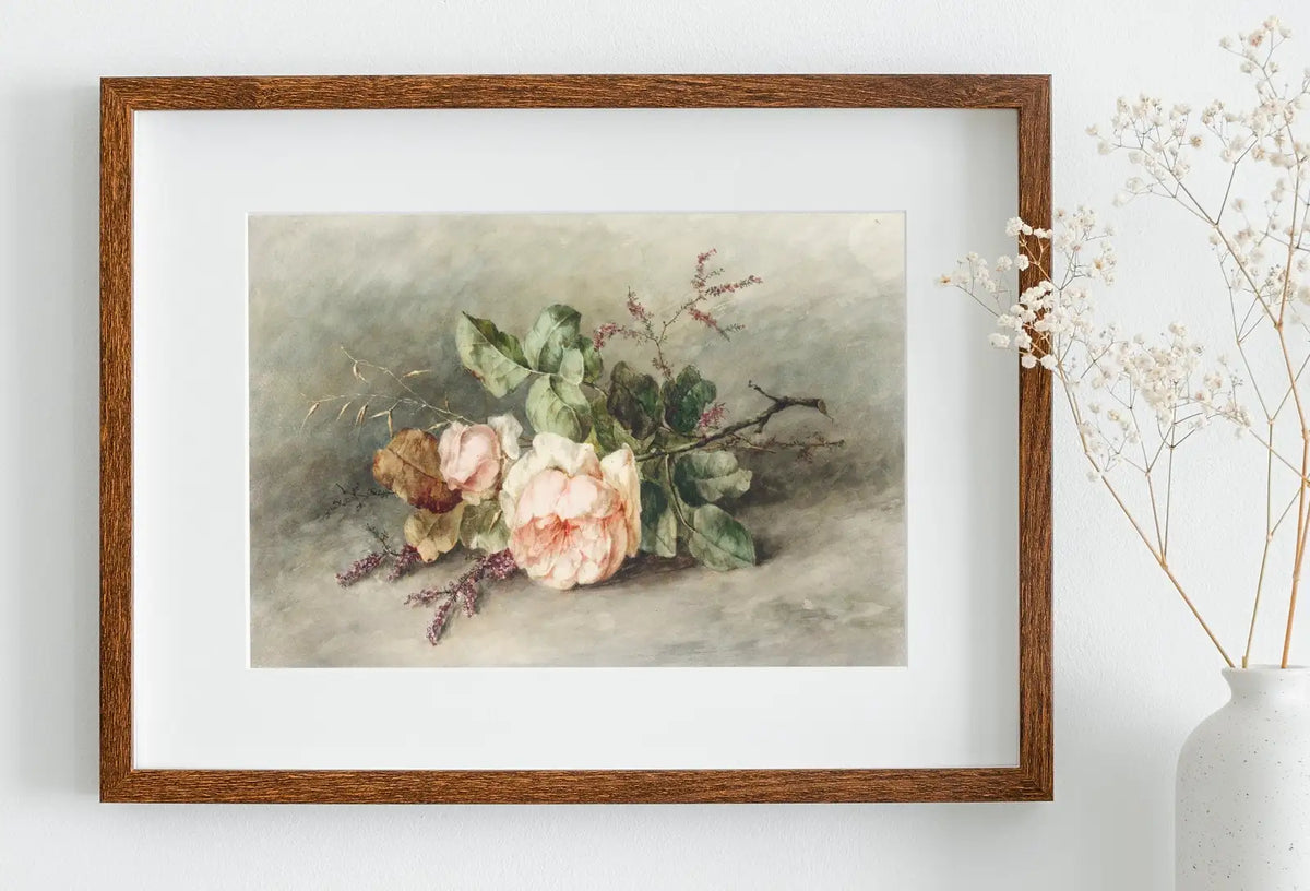 Included artwork preview showing first selection of artworks from Vintage Rose Still Life Painting. Neutral Colors Romantic Vintage Decor. Antique Watercolor Painting Vintage Flower Art Print. Printable.