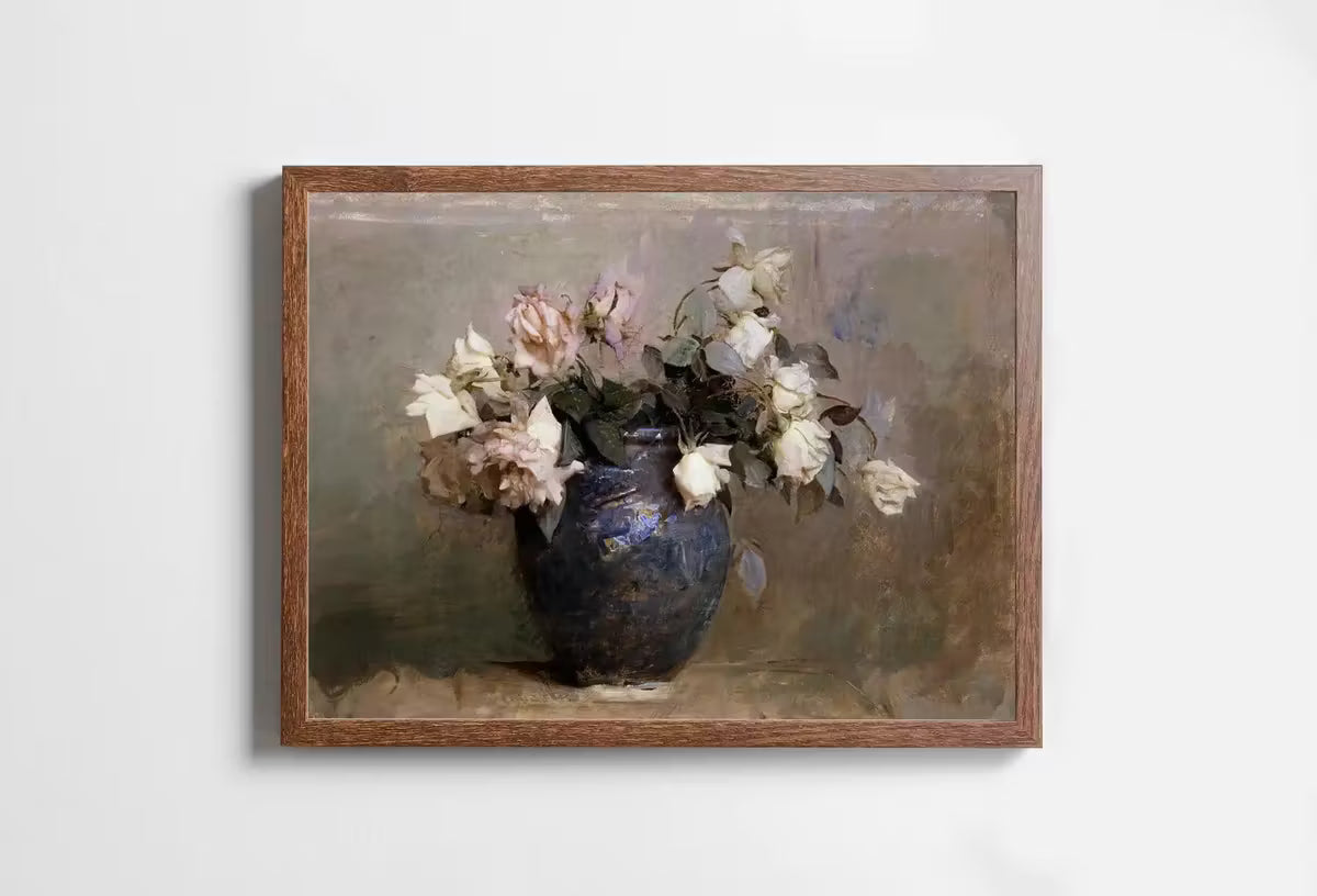 Vintage Roses Flower Still Life Painting. Neutral Colors Romantic Vintage Decor. Antique Oil Painting Vintage Flower Art Print. Printable – Printable Wall Art