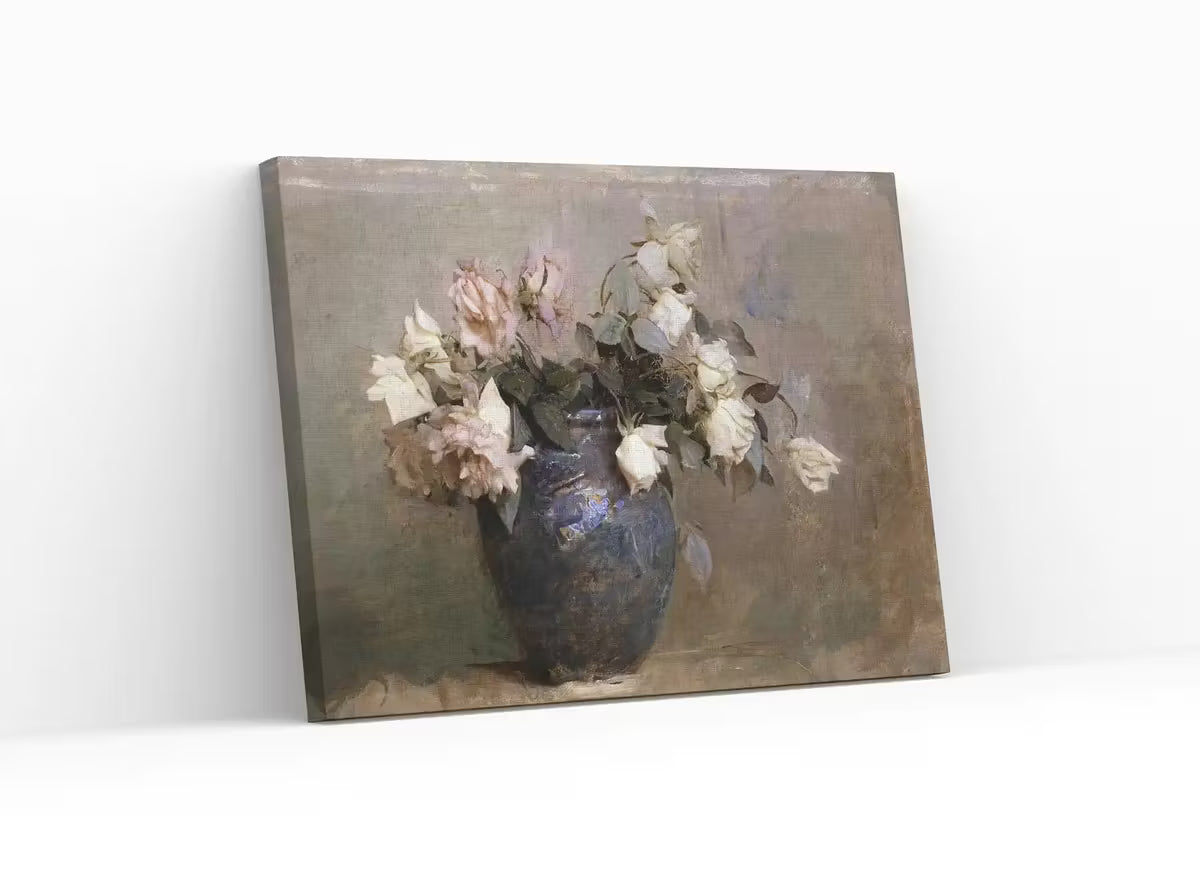 Vintage Roses Flower Still Life Painting. Neutral Colors Romantic Vintage Decor. Antique Oil Painting Vintage Flower Art Print. Printable – Printable Wall Art