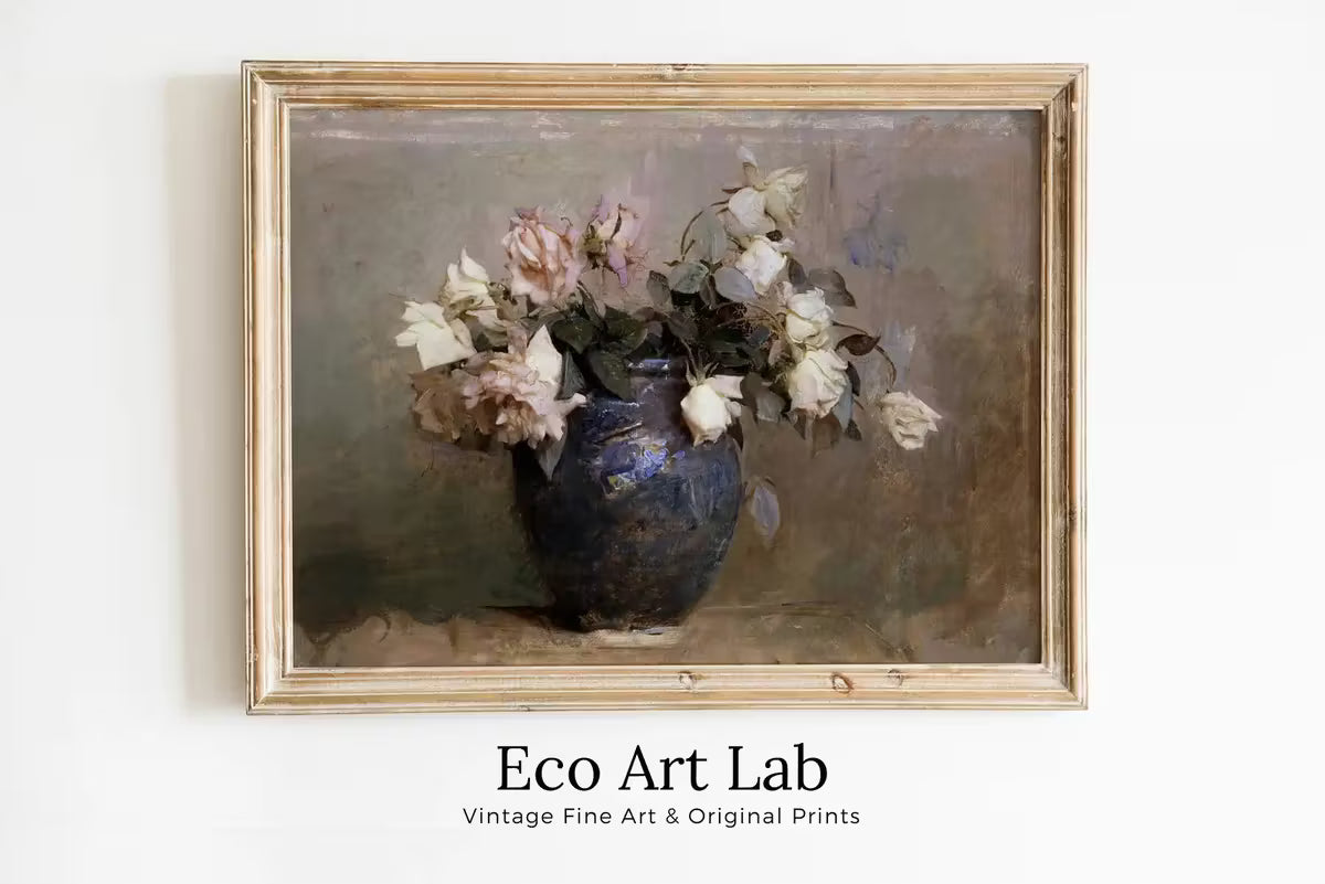 Vintage Roses Flower Still Life Painting. Neutral Colors Romantic Vintage Decor. Antique Oil Painting Vintage Flower Art Print. Printable – Printable Wall Art