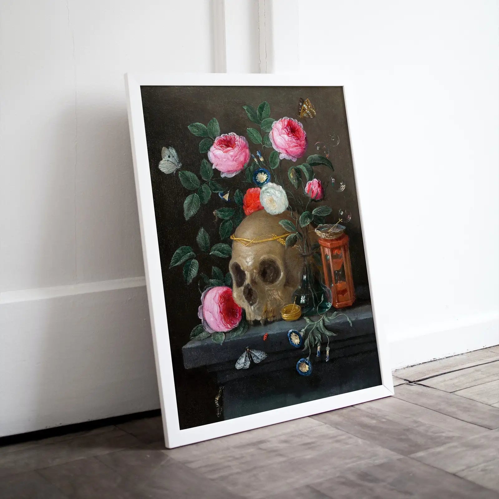 Art mural imprimable de peinture à l’huile de crâne vintage. Crâne avec des fleurs colorées, impression de crâne floral, téléchargement numérique d’affiche de nature morte, décoration murale