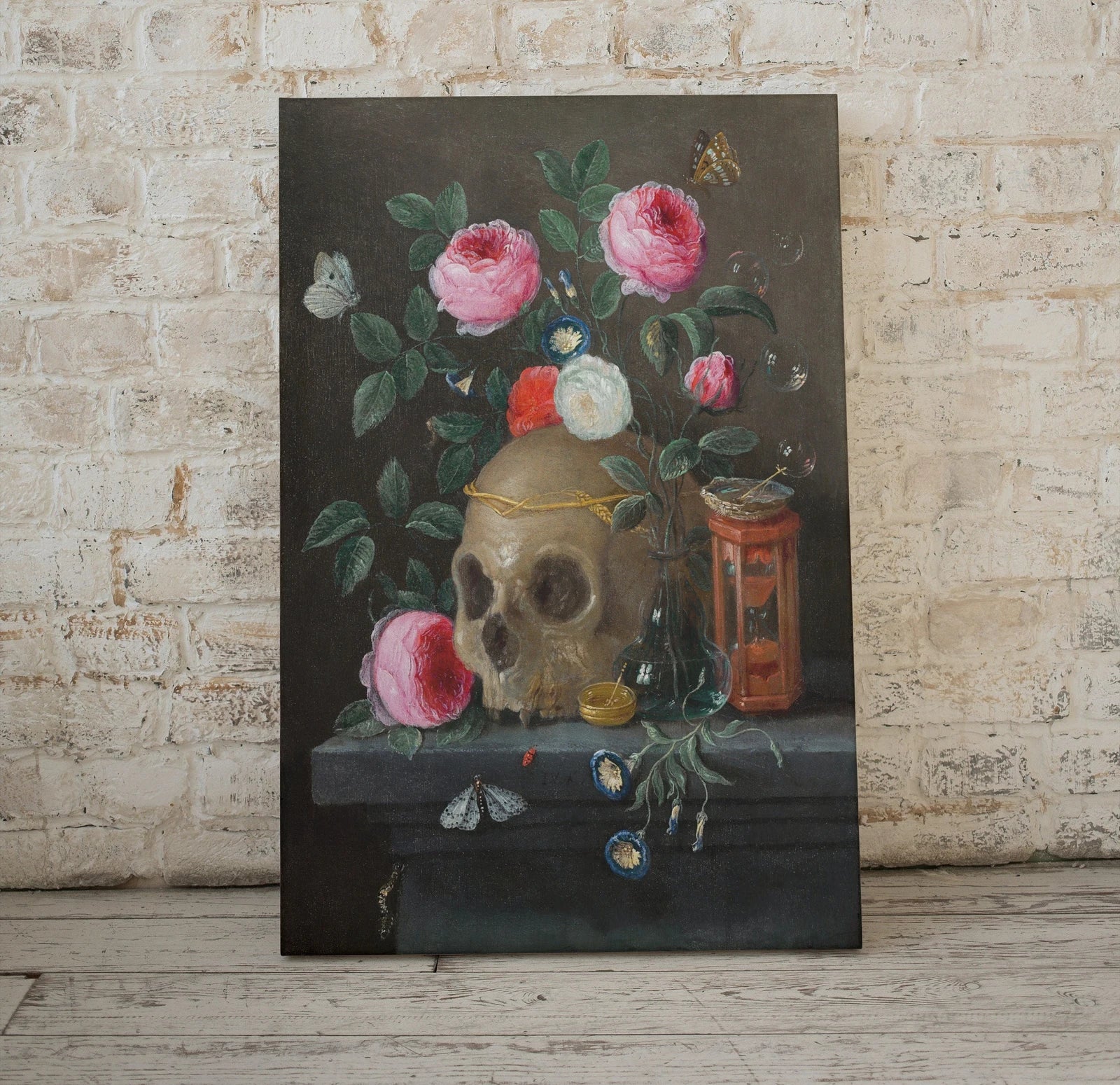 Art mural imprimable de peinture à l’huile de crâne vintage. Crâne avec des fleurs colorées, impression de crâne floral, téléchargement numérique d’affiche de nature morte, décoration murale
