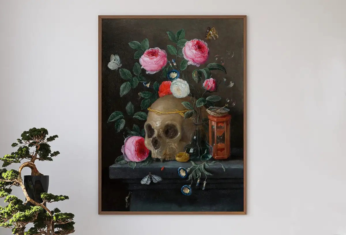 Art mural imprimable de peinture à l’huile de crâne vintage. Crâne avec des fleurs colorées, impression de crâne floral, téléchargement numérique d’affiche de nature morte, décoration murale