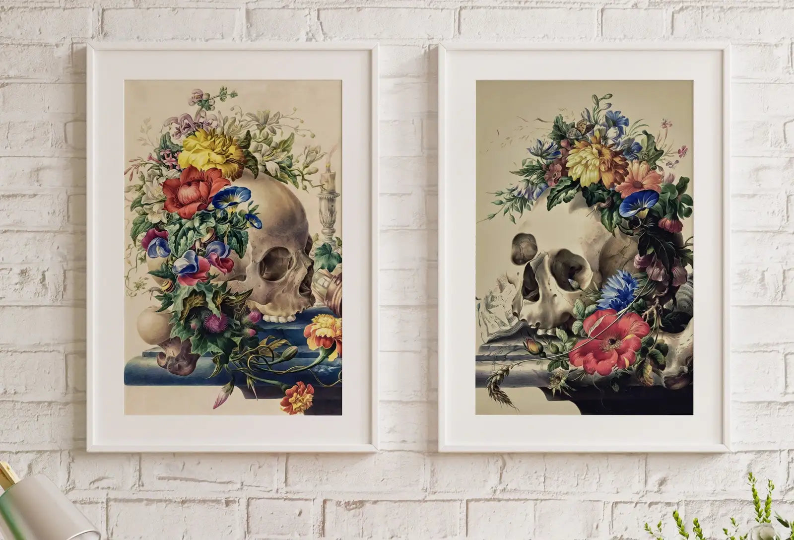 Framed view of Vintage Skull Painting Set of 2 Prints. Printable Wall Art, Skull With Colorful Flowers, Floral Skull Print 2 Piece Wall Art. Skull Poster – printable wall art digital download.