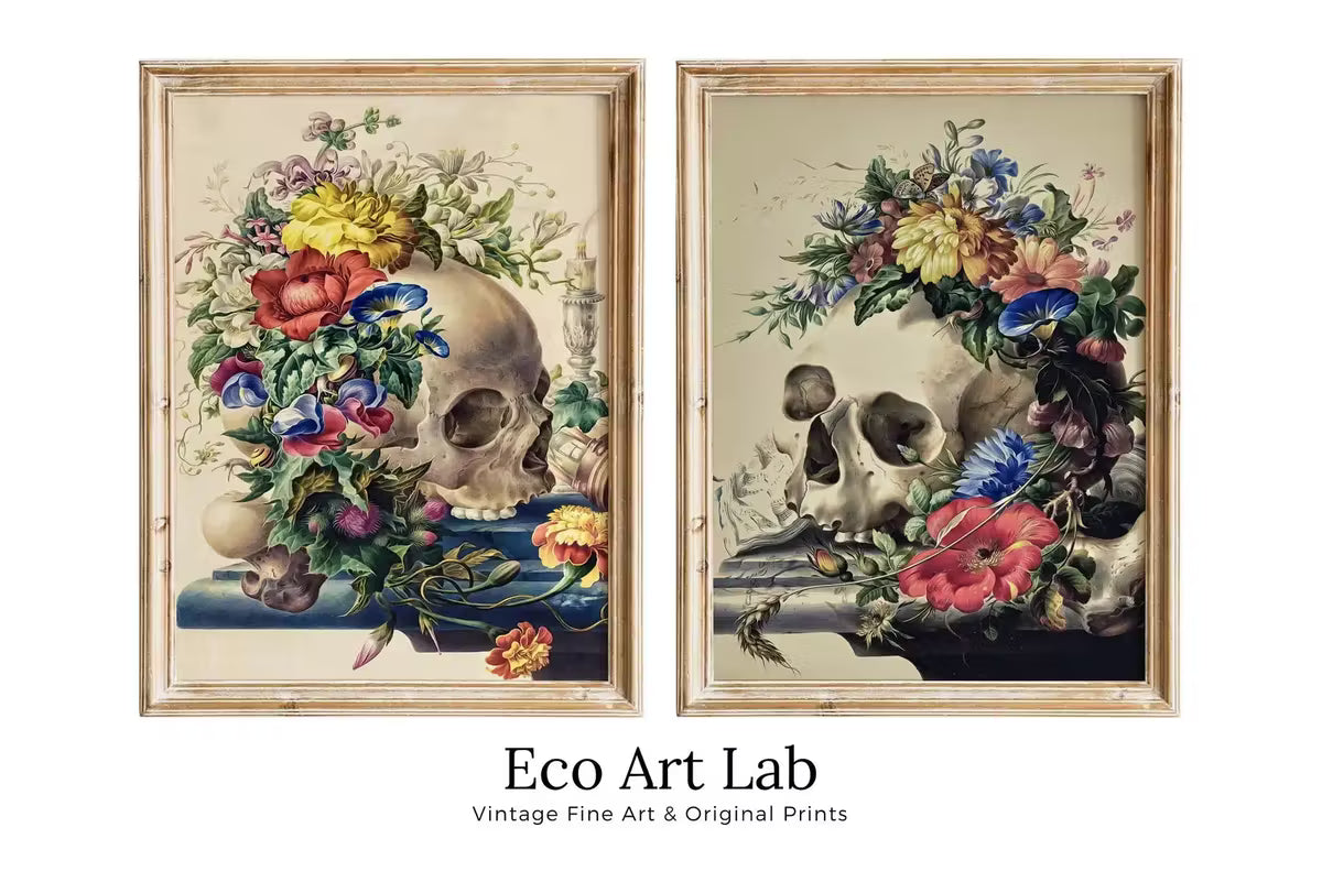 Vintage Skull Painting Set of 2 Prints. Printable Wall Art, Skull With Colorful Flowers, Floral Skull Print 2 Piece Wall Art. Skull Poster – Printable Wall Art Set