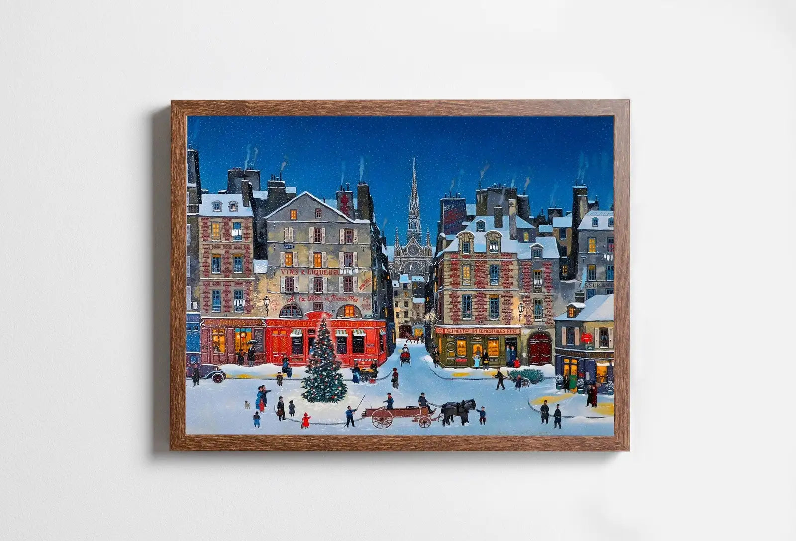Vue de la ville enneigée de Noël vintage. Peinture imprimable d’art antique. Téléchargement instantané pour la scène hivernale rétro de la ville.