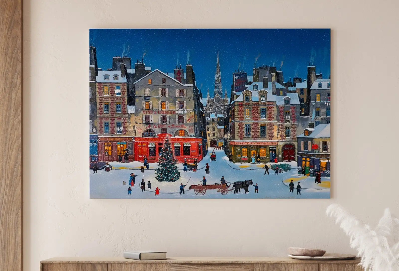Vue de la ville enneigée de Noël vintage. Peinture imprimable d’art antique. Téléchargement instantané pour la scène hivernale rétro de la ville.