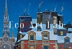 Detail view of artwork from Vintage Snowy Christmas City View Art Print. Antique Holiday Printable Painting. Instant Download Winter Scene Retro City Landscape Art. (variation 2)