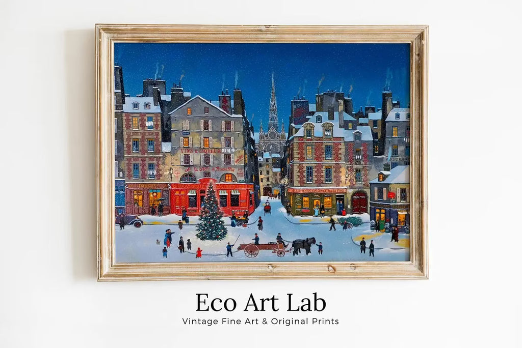 Vintage Snowy Christmas City View Art Print. Antique Holiday Printable Painting. Instant Download Winter Scene Retro City Landscape Art – Printable Wall Art