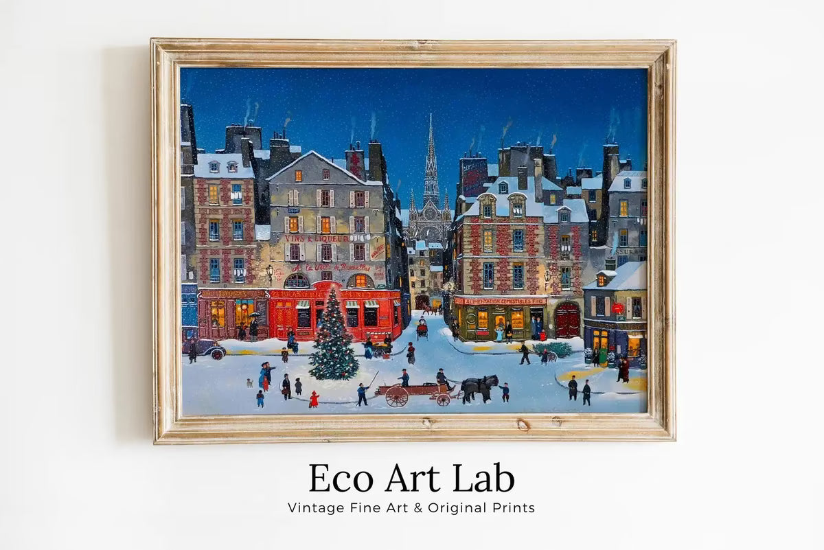 Vintage Snowy Christmas City View Art Print. Antique Holiday Printable Painting. Instant Download Winter Scene Retro City Landscape Art – Printable Wall Art