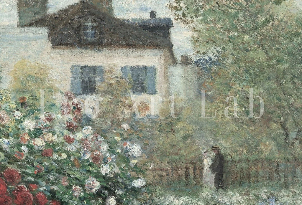 Detail view of artwork from Vintage Spring Garden House Painting.
