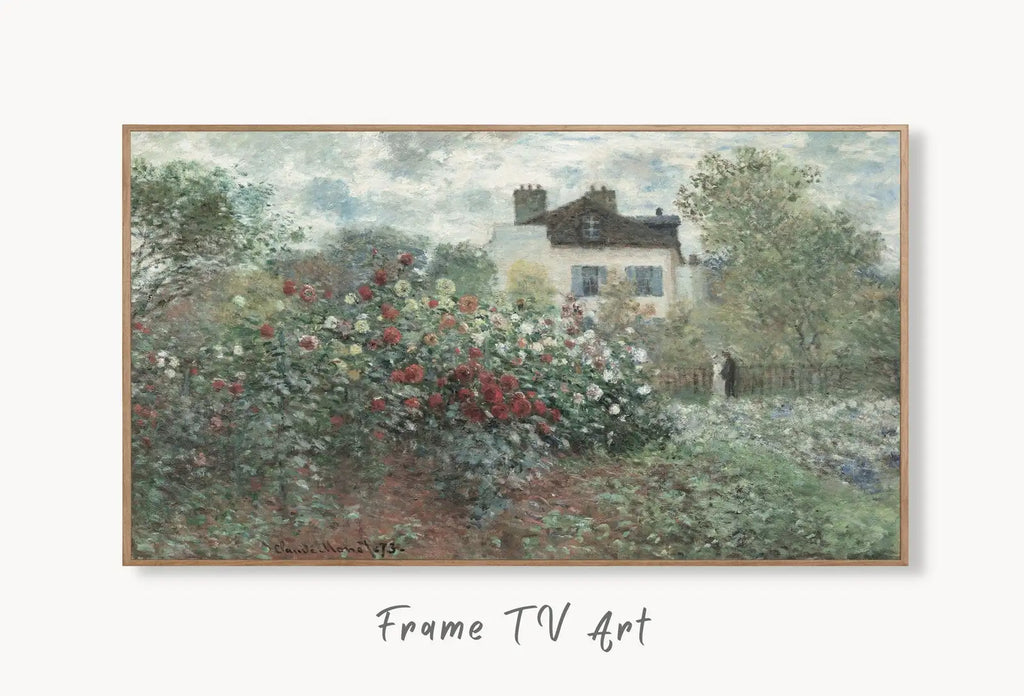 Vintage Spring Garden House Painting displayed on Samsung Frame TV on a living room wall.