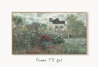 Vintage Spring Garden House Painting displayed on Samsung Frame TV on a living room wall.