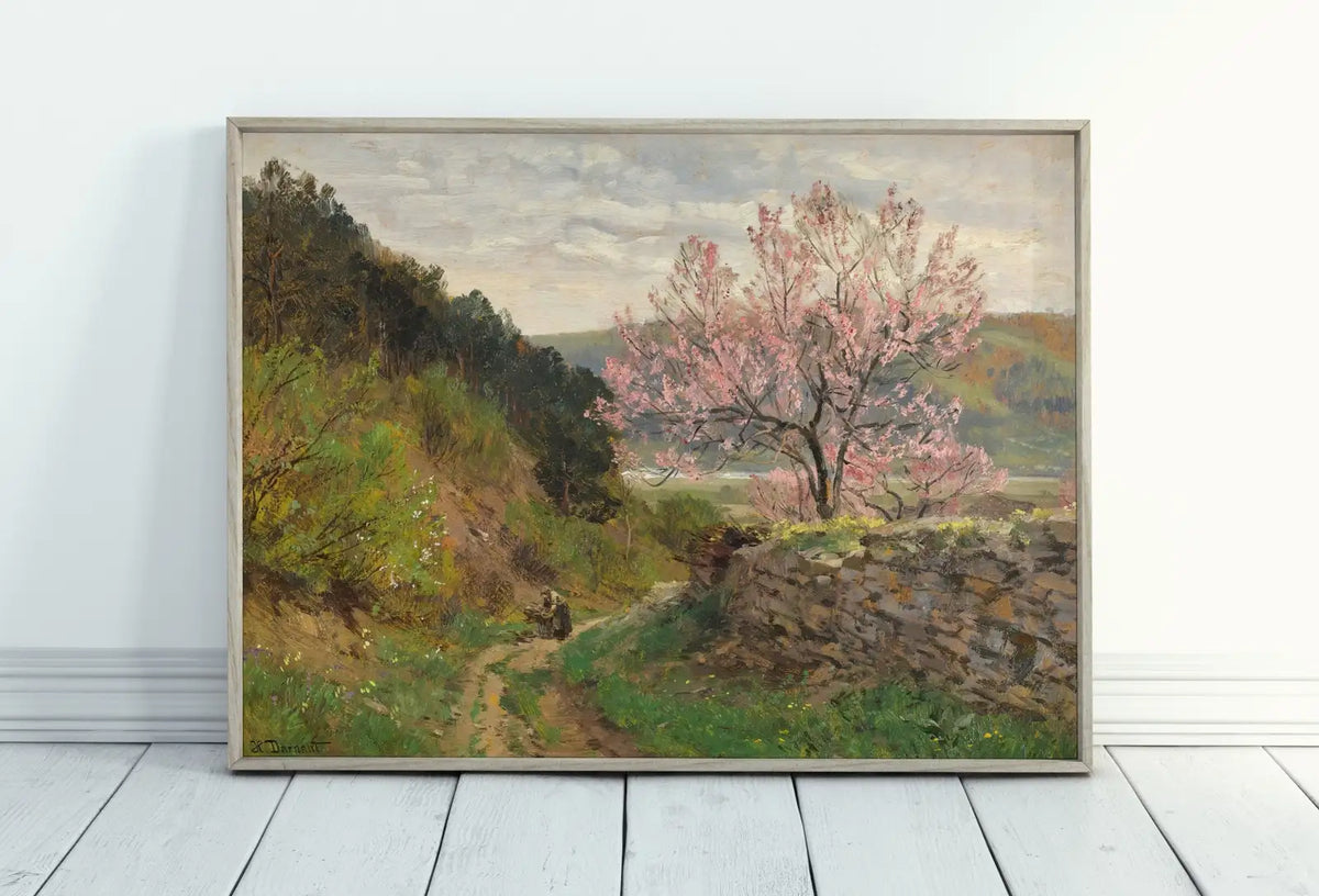 Included artwork preview showing first selection of artworks from Vintage Spring Landscape Painting. Almond Blossom Printable Country Field Decor. Rustic Landscape. Farmhouse Wall Art Print. Nature Art.
