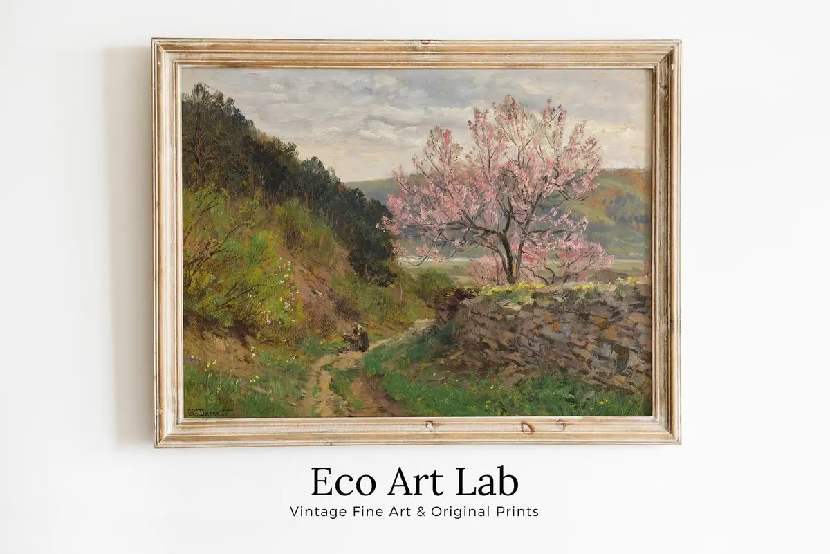 Vintage Spring Landscape Painting. Almond Blossom Printable Country Field Decor. Rustic Landscape. Farmhouse Wall Art Print. Nature Art – Printable Wall Art