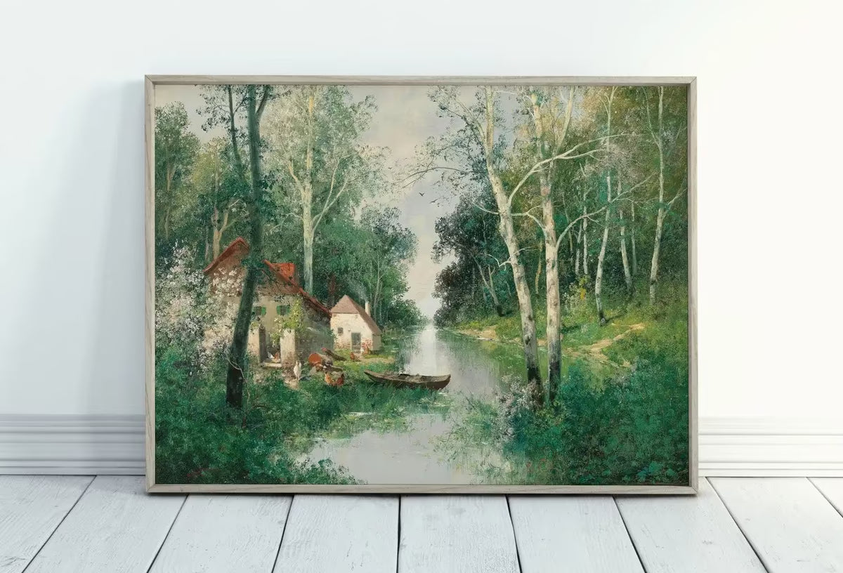 Vintage Spring Landscape Print. Printable Wall Art. Antique Nature Print. Spring Landscape Oil Painting. River Painting Digital Print – Printable Wall Art